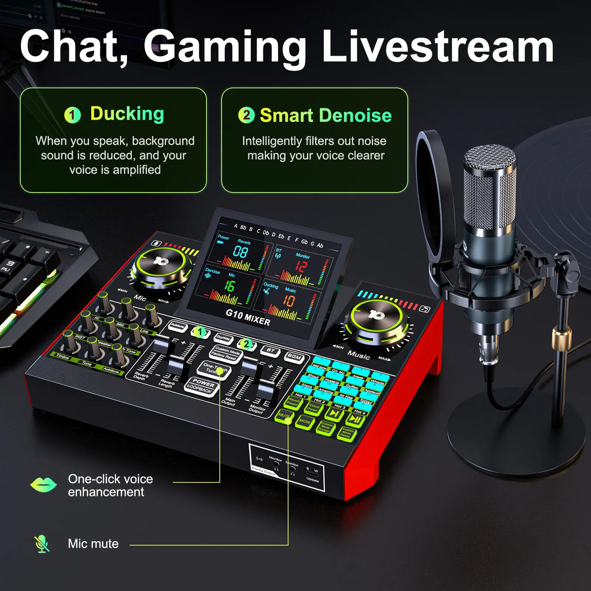 【Live Exclusive】 Tenlamp G10-P15 Mixing Sound Card Kit, Usb Audio Mixer Customizable Sound Effects, Two-Level Noise Reduction, Equipped with a Condenser Microphone, Suitable for Livestreaming, Gaming, Singing, Podcasting