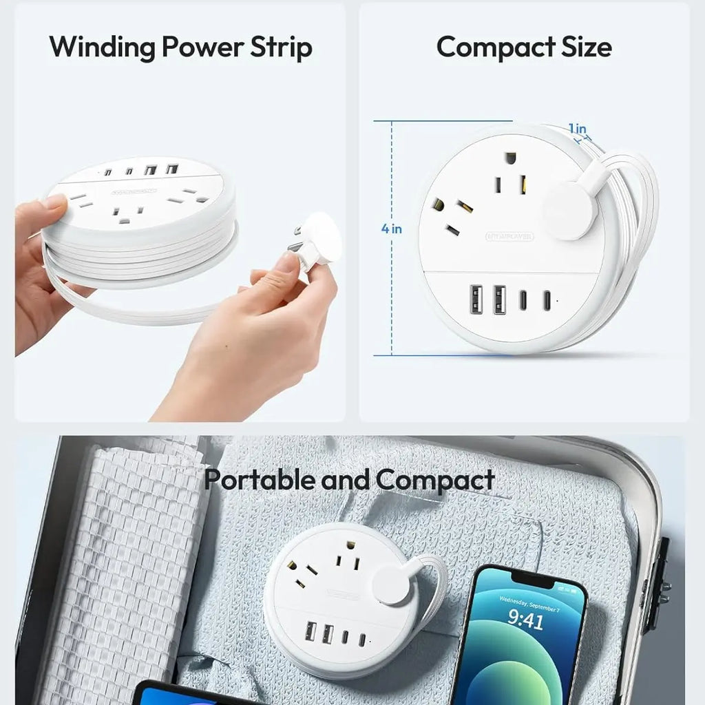 NTONPOWER Travel Power Strip Cruise Approved, 7-In-1 with 3 AC Outlets & 4 USB (2 USB-C), Flat Plug 4FT Wrapped around Extension Cord, Travel Essentials for Cruise, Hotel & Dorm, Purple round Strip, Smart USB Charging