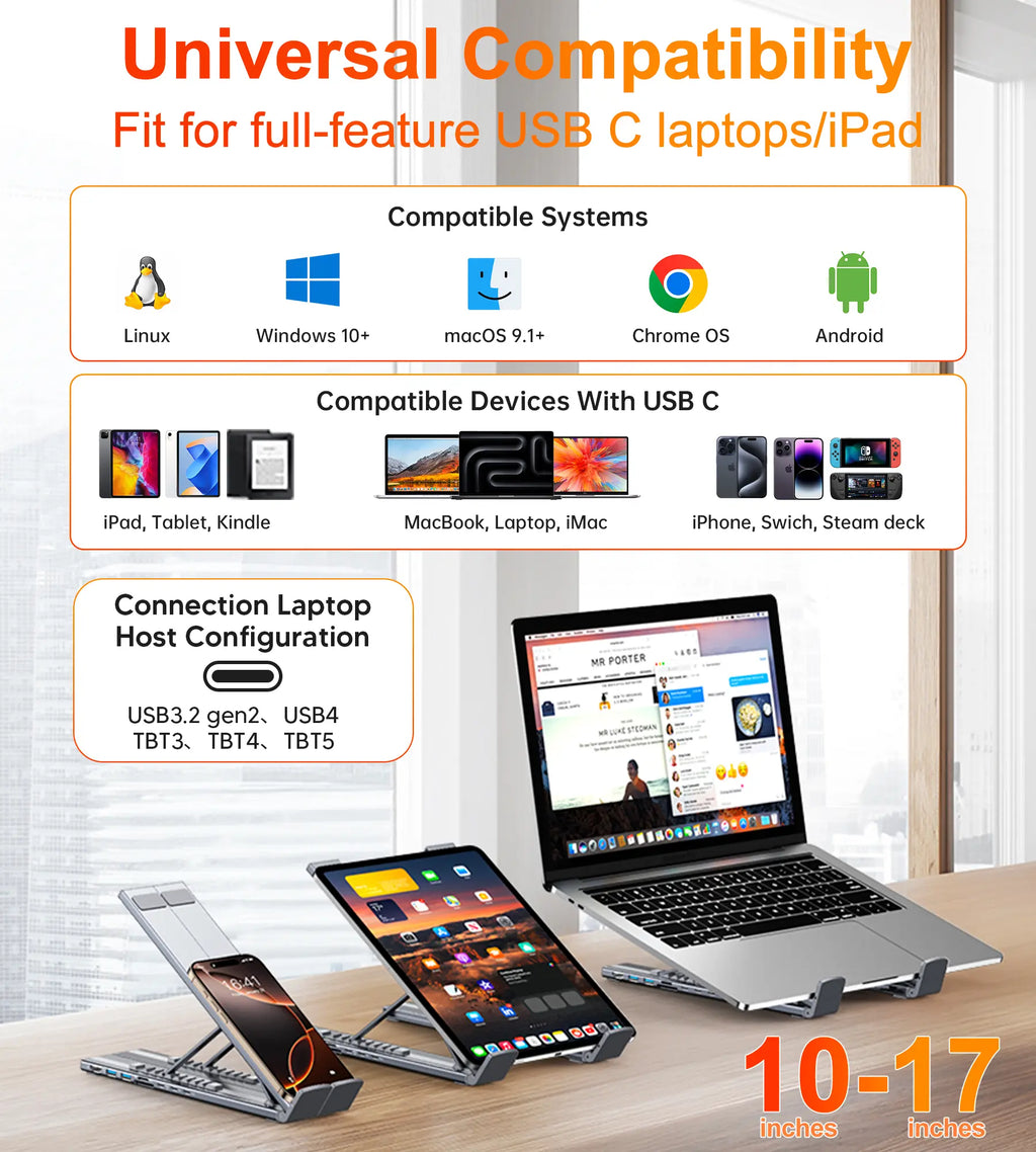 Mukiya USB C Laptop Stand with Docking Station, 8 in 1 USB C Hub with 4K HDMI, 3Xusb C, 2Xusb A, 1Xsd, 1Xtf Port for Macbook/Dell/Hp/Surface/Lenovo Springtok