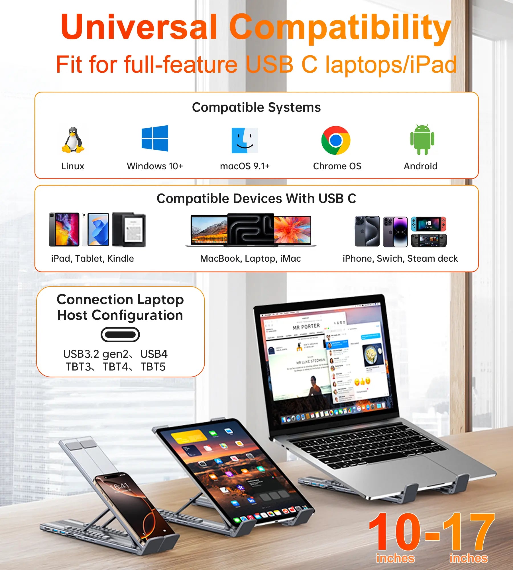 Mukiya USB C Laptop Stand with Docking Station, 8 in 1 USB C Hub with 4K HDMI, 3Xusb C, 2Xusb A, 1Xsd, 1Xtf Port for Macbook/Dell/Hp/Surface/Lenovo Springtok