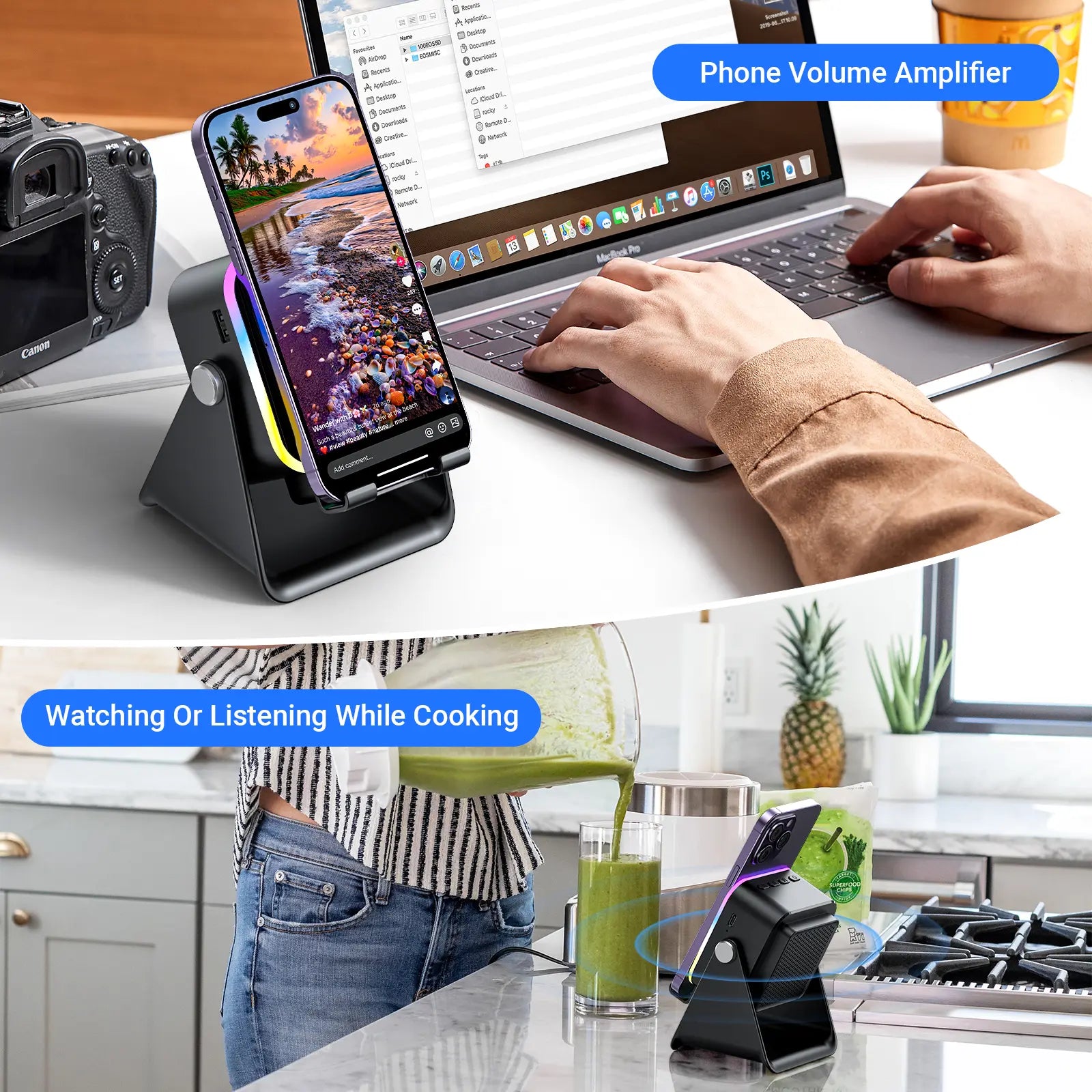 Wireless Induction Audio Speaker Stand, 5In1 Cellphone Holder, 3500Mah Rechargeable Emergency Power Bank,360° Adjustable Mobile Tablet Stand with Colorful Ambient Light Gifts for Men Women Mothersdaygift