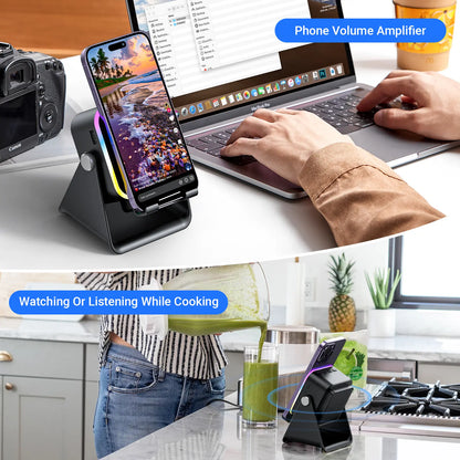 Wireless Induction Audio Speaker Stand, 5In1 Cellphone Holder, 3500Mah Rechargeable Emergency Power Bank,360° Adjustable Mobile Tablet Stand with Colorful Ambient Light Gifts for Men Women Mothersdaygift