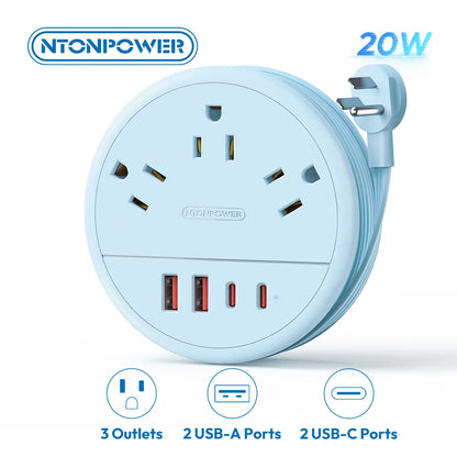 NTONPOWER Travel Power Strip Cruise Approved, 7-In-1 with 3 AC Outlets & 4 USB (2 USB-C), Flat Plug 4FT Wrapped around Extension Cord, Travel Essentials for Cruise, Hotel & Dorm, Purple round Strip, Smart USB Charging