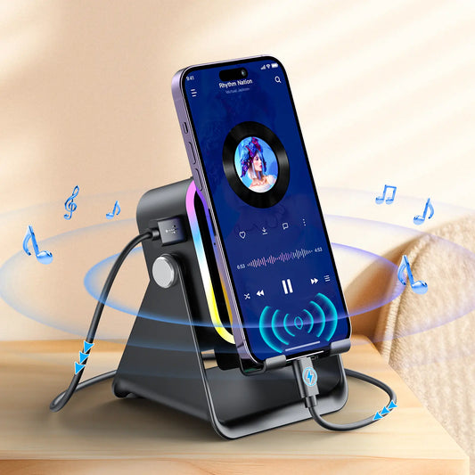 Wireless Induction Audio Speaker Stand, 5In1 Cellphone Holder, 3500Mah Rechargeable Emergency Power Bank,360° Adjustable Mobile Tablet Stand with Colorful Ambient Light Gifts for Men Women Mothersdaygift
