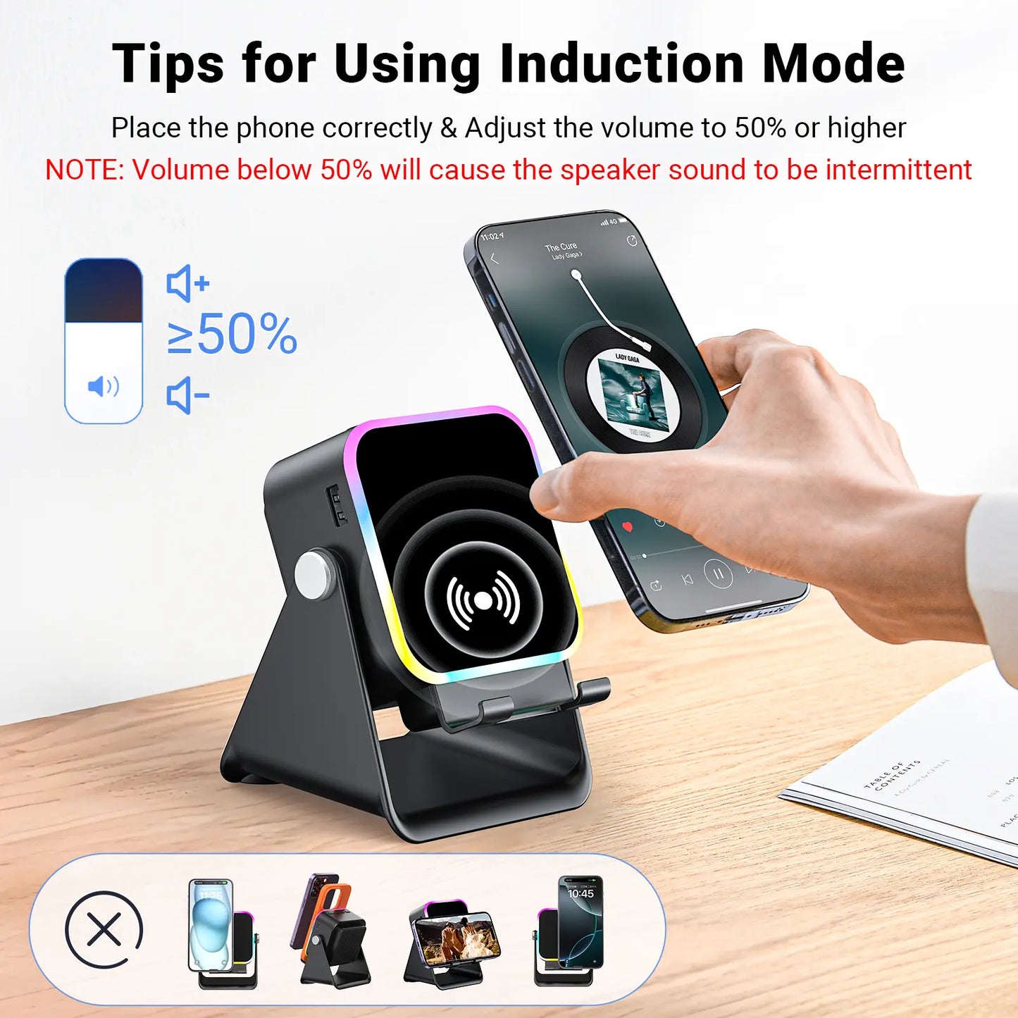 Wireless Induction Audio Speaker Stand, 5In1 Cellphone Holder, 3500Mah Rechargeable Emergency Power Bank,360° Adjustable Mobile Tablet Stand with Colorful Ambient Light Gifts for Men Women Mothersdaygift
