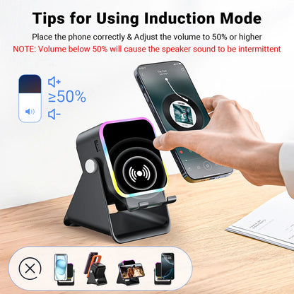 Wireless Induction Audio Speaker Stand, 5In1 Cellphone Holder, 3500Mah Rechargeable Emergency Power Bank,360° Adjustable Mobile Tablet Stand with Colorful Ambient Light Gifts for Men Women Mothersdaygift