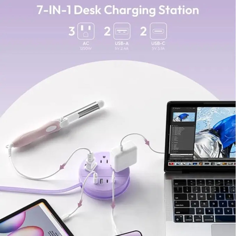 NTONPOWER Travel Power Strip Cruise Approved, 7-In-1 with 3 AC Outlets & 4 USB (2 USB-C), Flat Plug 4FT Wrapped around Extension Cord, Travel Essentials for Cruise, Hotel & Dorm, Purple round Strip, Smart USB Charging