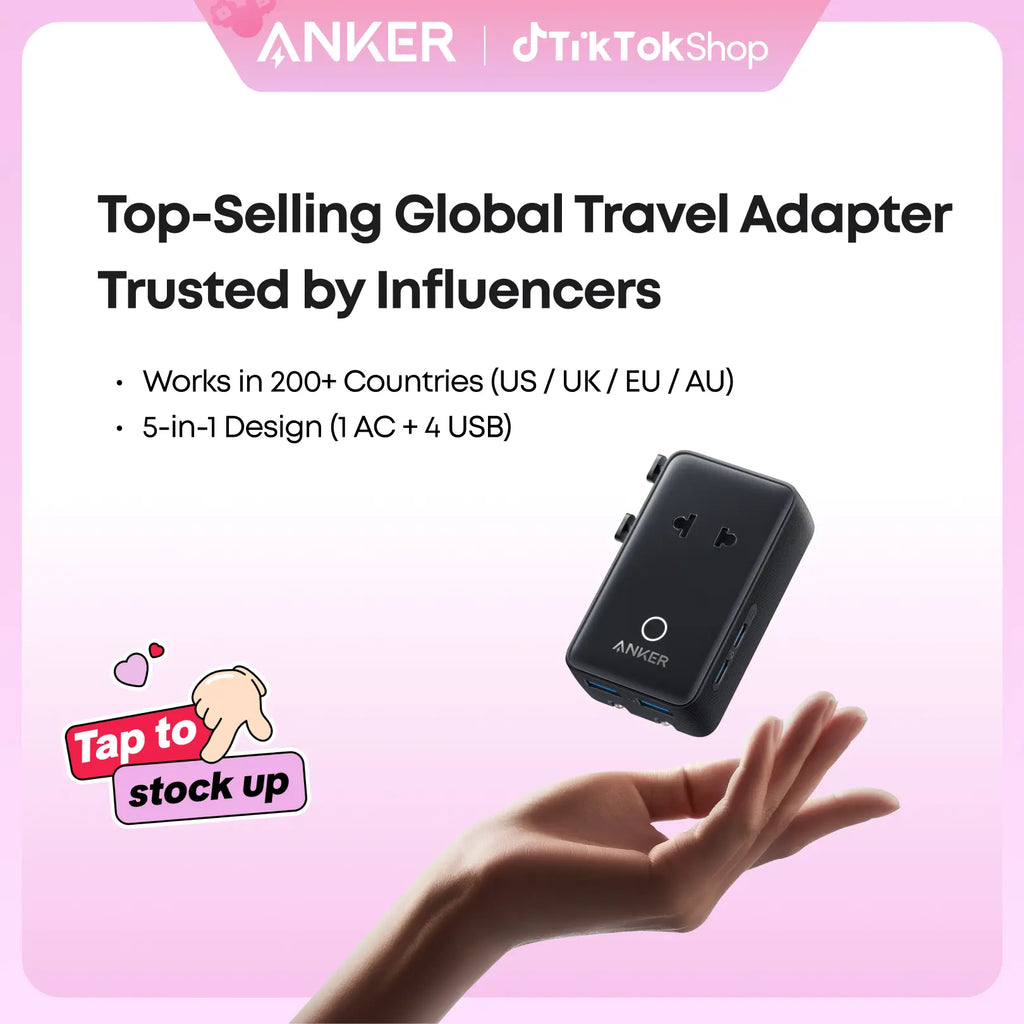 Anker Nano Adapter, 5-In-1 Ultra-Compact Global Charger with 2 USB-C, 2 USB-A, and 1 AC, Perfect for International Travel (1-Pack)