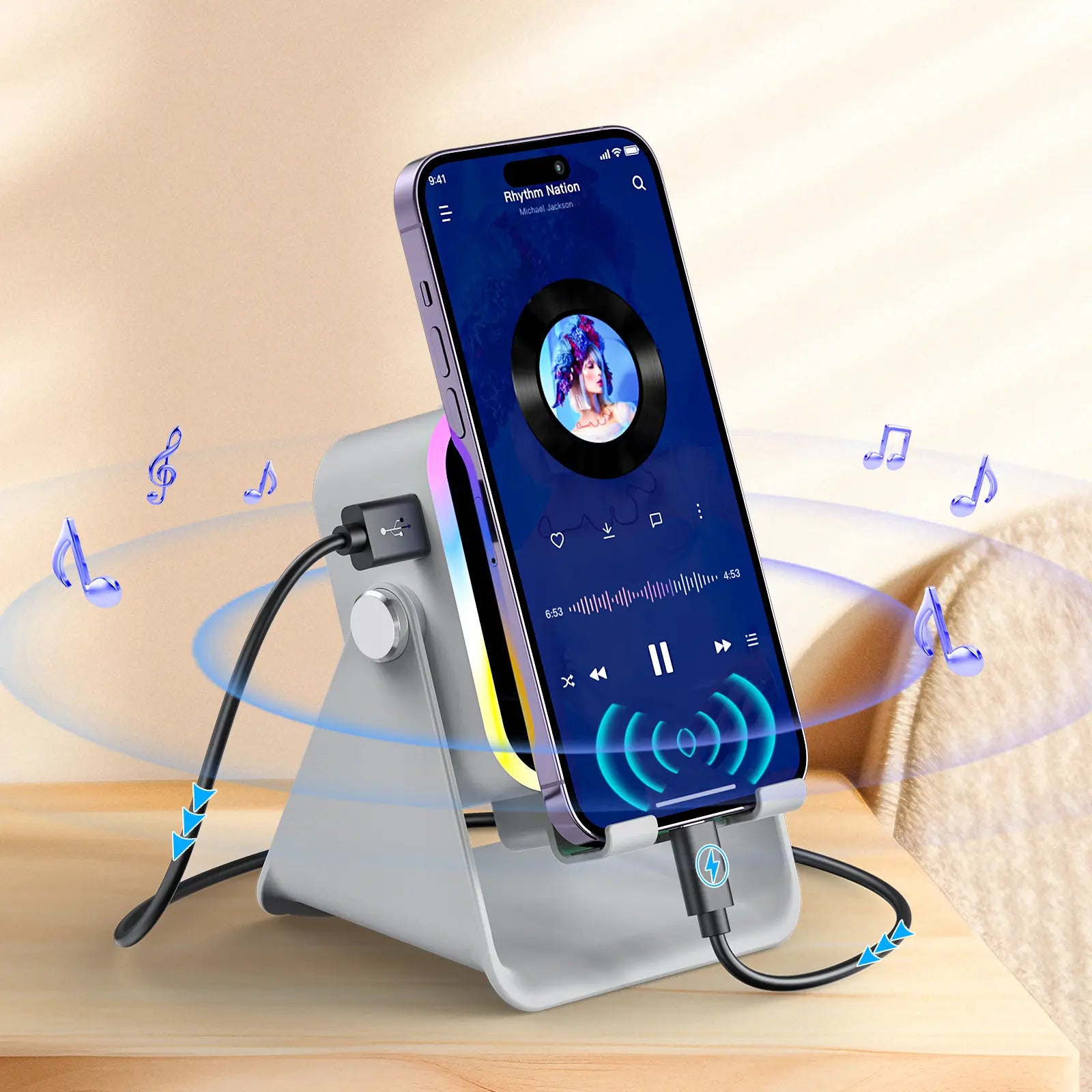Wireless Induction Audio Speaker Stand, 5In1 Cellphone Holder, 3500Mah Rechargeable Emergency Power Bank,360° Adjustable Mobile Tablet Stand with Colorful Ambient Light Gifts for Men Women Mothersdaygift