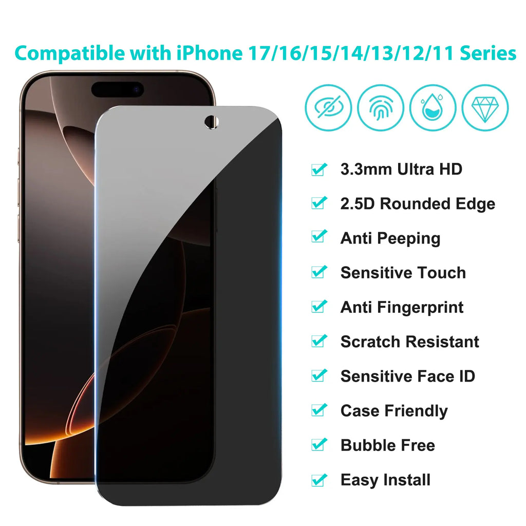 Pehael for Iphone 17/16/15/14/13/12/11 Series Privacy Screen Protector Anti-Spy Tempered Glass Cellphone Shockproof Full Coverage Protection Protective