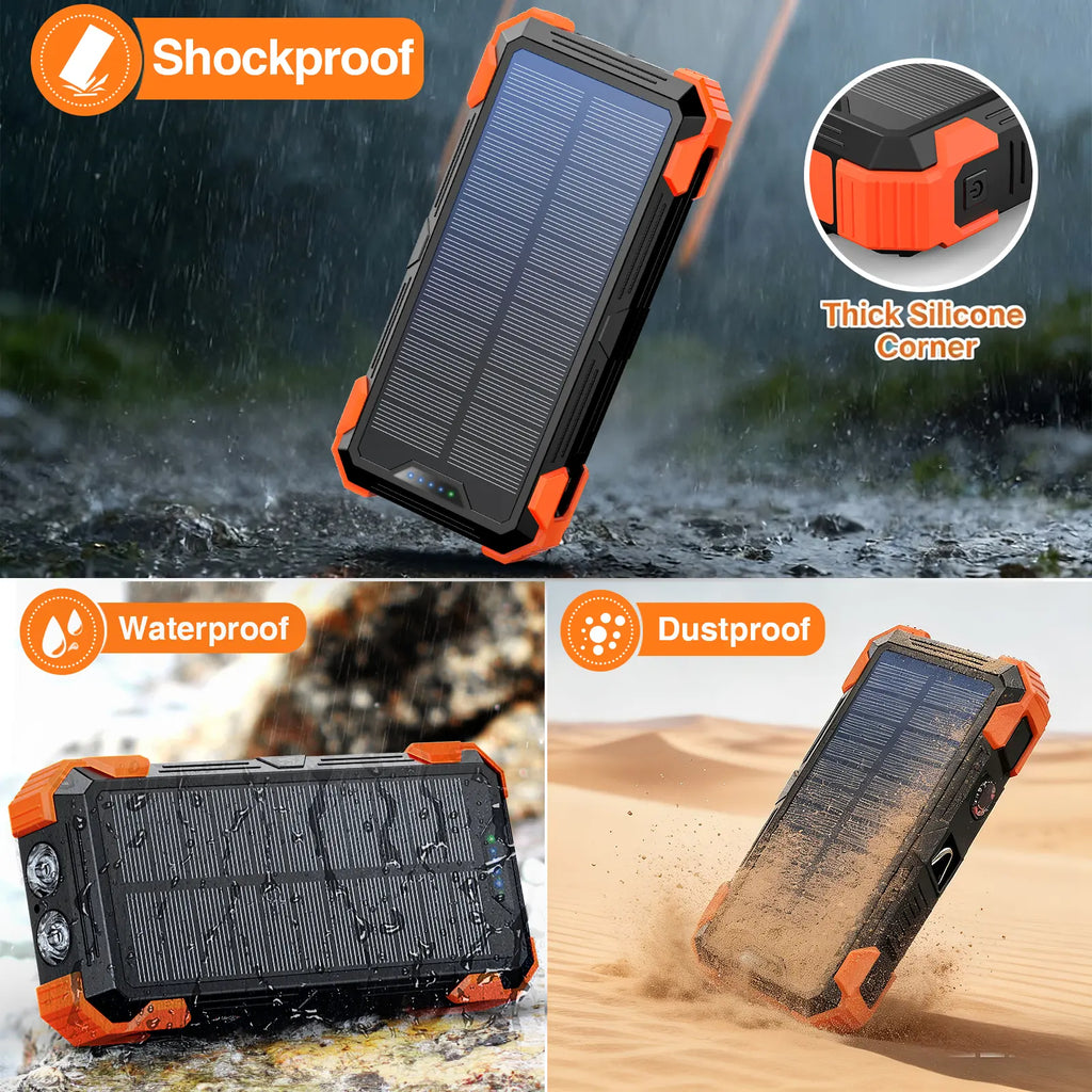 Sudrov 42800 Mah Solar Charger Power Bank Wireless Charger Built in 4 Cables 7 Outputs 15 Watts Fast Charging Power Bank for All Mobile Devices 3 Inputs Solar Portable Charger with Dual Flashlights, Carabiner and Thermometer