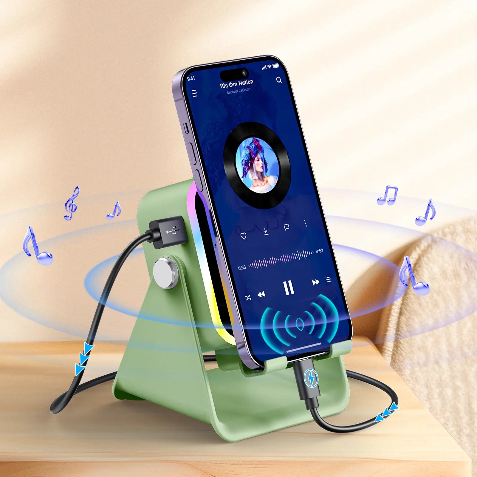 Wireless Induction Audio Speaker Stand, 5In1 Cellphone Holder, 3500Mah Rechargeable Emergency Power Bank,360° Adjustable Mobile Tablet Stand with Colorful Ambient Light Gifts for Men Women Mothersdaygift