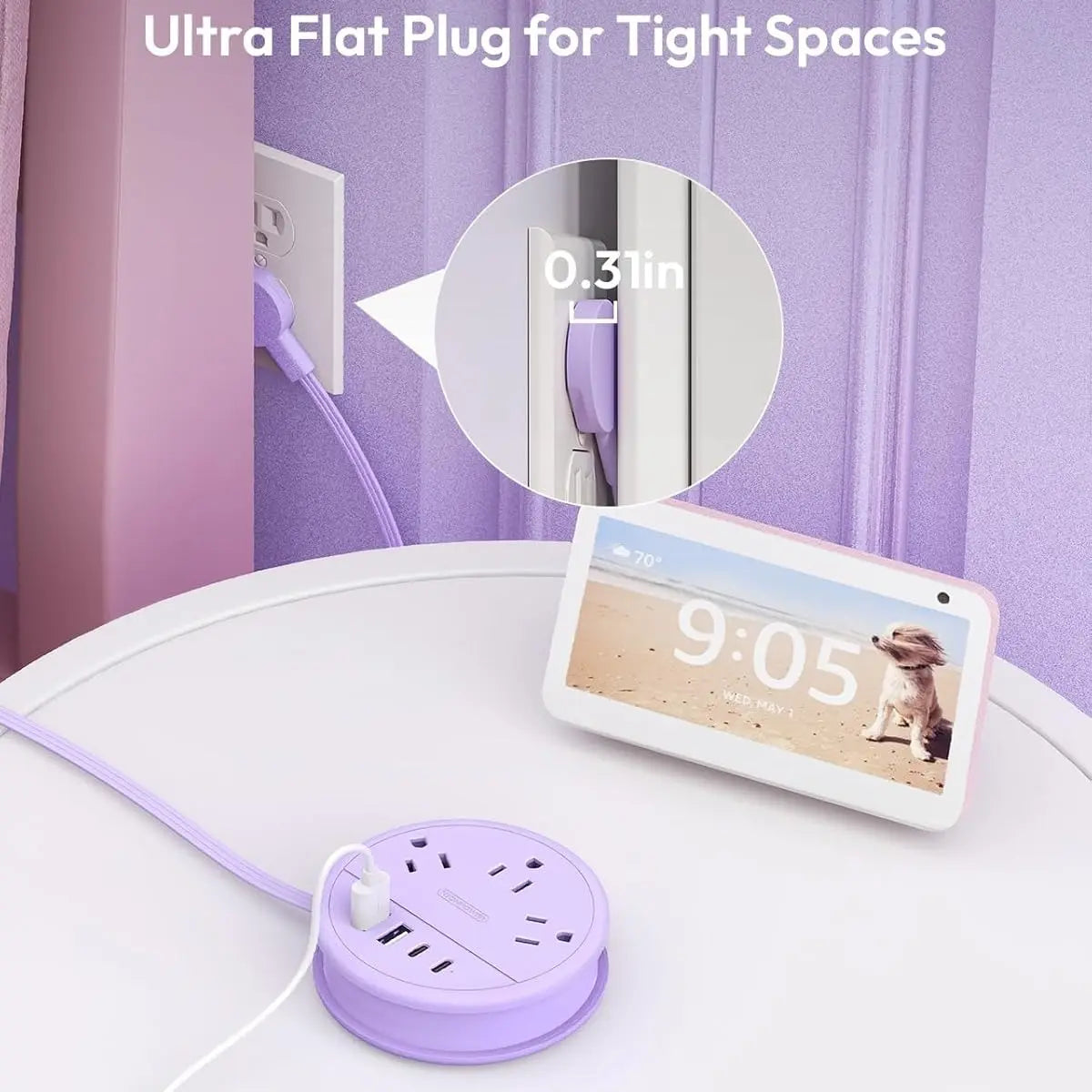 NTONPOWER Travel Power Strip Cruise Approved, 7-In-1 with 3 AC Outlets & 4 USB (2 USB-C), Flat Plug 4FT Wrapped around Extension Cord, Travel Essentials for Cruise, Hotel & Dorm, Purple round Strip, Smart USB Charging