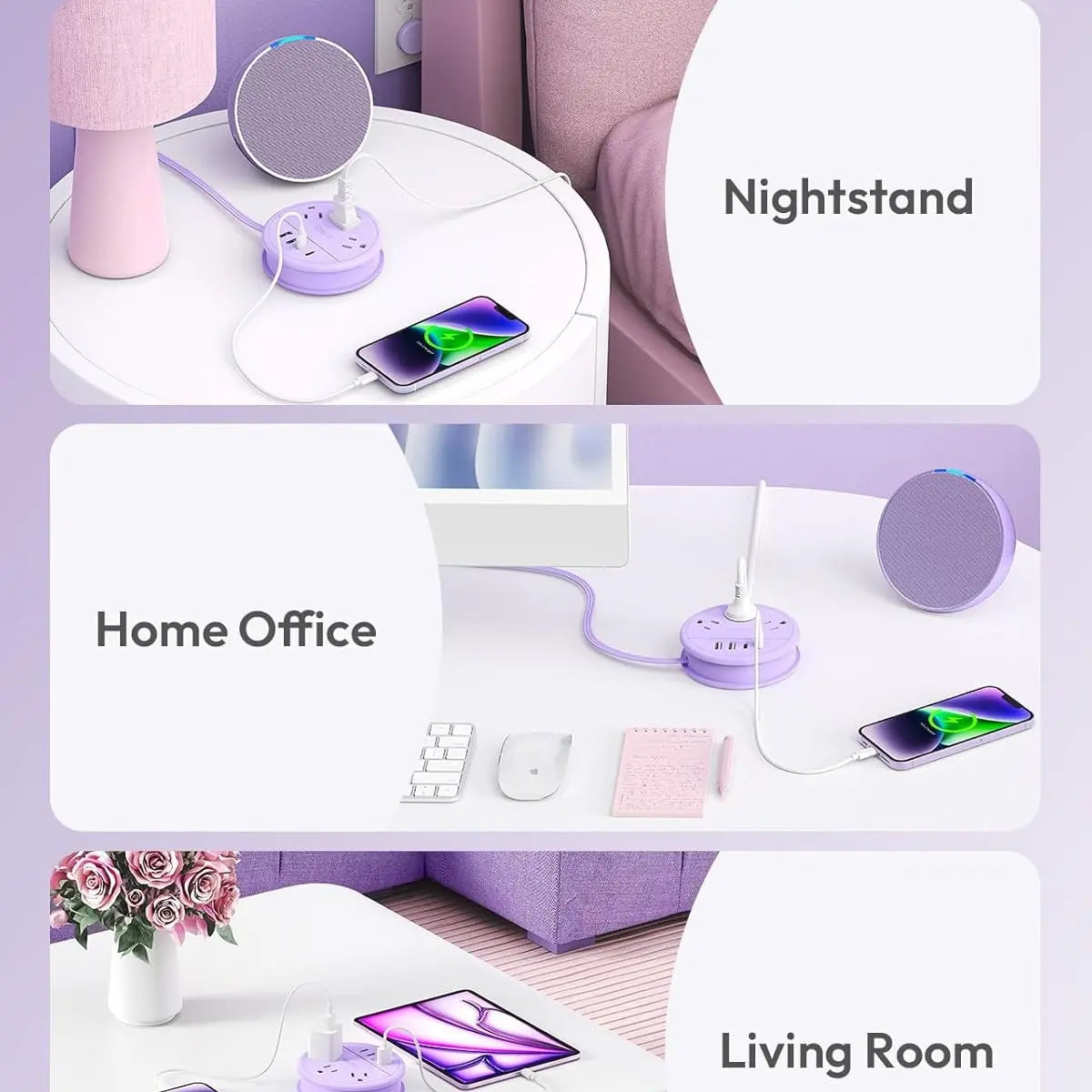 NTONPOWER Travel Power Strip Cruise Approved, 7-In-1 with 3 AC Outlets & 4 USB (2 USB-C), Flat Plug 4FT Wrapped around Extension Cord, Travel Essentials for Cruise, Hotel & Dorm, Purple round Strip, Smart USB Charging