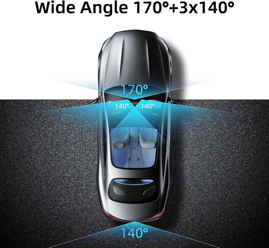 4 Channel Dash Cam with 360° Surround View Includes FREE OBD Cable for 24/7 Parking Monitor 4 Lens Front Rear inside Left Right Recording 3" Display, Built-In Wifi, 64GB Card Clear Night Vision, Hdr，Automotive Driving Recorder