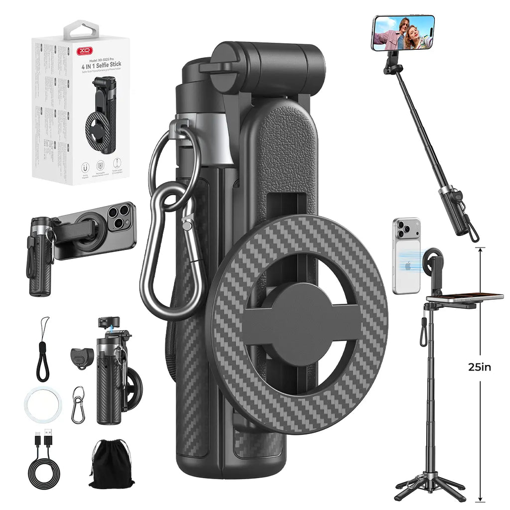 2026 Upgrated 4-In-1 Magnetic Selfie Stick with Remote for Cell Phone 360° Rotation.Can Transforms into Mini Tripod/Camera Grip/Handheld Stabilizer/Phone Stand.Extend to 25 Inches