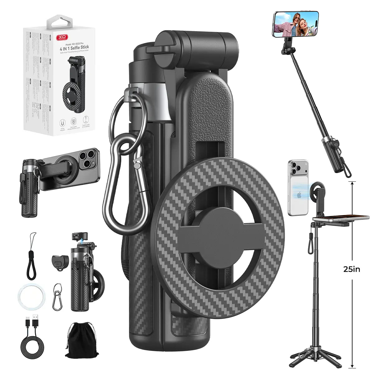 2026 Upgrated 4-In-1 Magnetic Selfie Stick with Remote for Cell Phone 360° Rotation.Can Transforms into Mini Tripod/Camera Grip/Handheld Stabilizer/Phone Stand.Extend to 25 Inches
