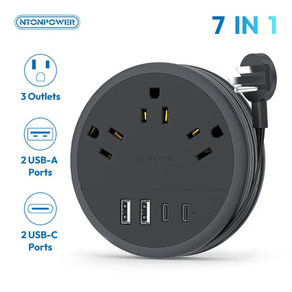 NTONPOWER Travel Power Strip Cruise Approved, 7-In-1 with 3 AC Outlets & 4 USB (2 USB-C), Flat Plug 4FT Wrapped around Extension Cord, Travel Essentials for Cruise, Hotel & Dorm, Purple round Strip, Smart USB Charging