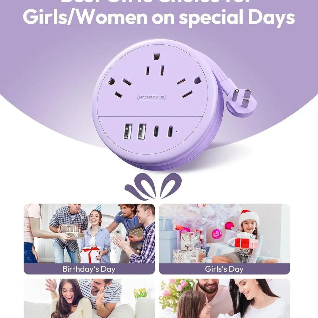 NTONPOWER Travel Power Strip Cruise Approved, 7-In-1 with 3 AC Outlets & 4 USB (2 USB-C), Flat Plug 4FT Wrapped around Extension Cord, Travel Essentials for Cruise, Hotel & Dorm, Purple round Strip, Smart USB Charging