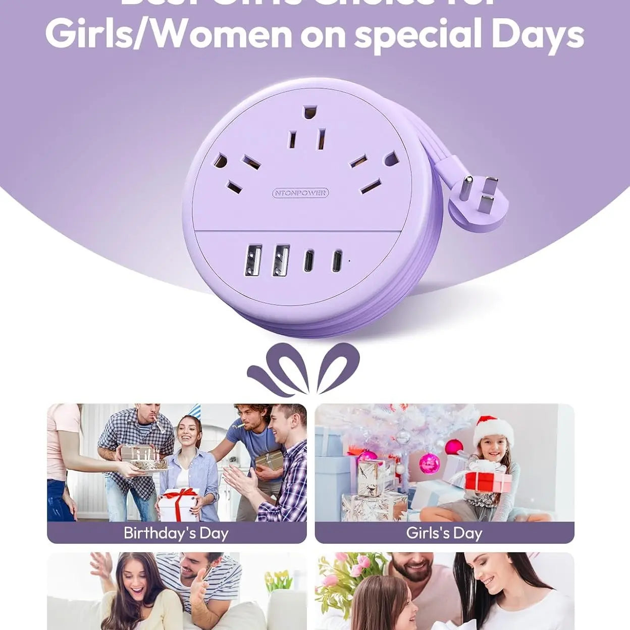 NTONPOWER Travel Power Strip Cruise Approved, 7-In-1 with 3 AC Outlets & 4 USB (2 USB-C), Flat Plug 4FT Wrapped around Extension Cord, Travel Essentials for Cruise, Hotel & Dorm, Purple round Strip, Smart USB Charging