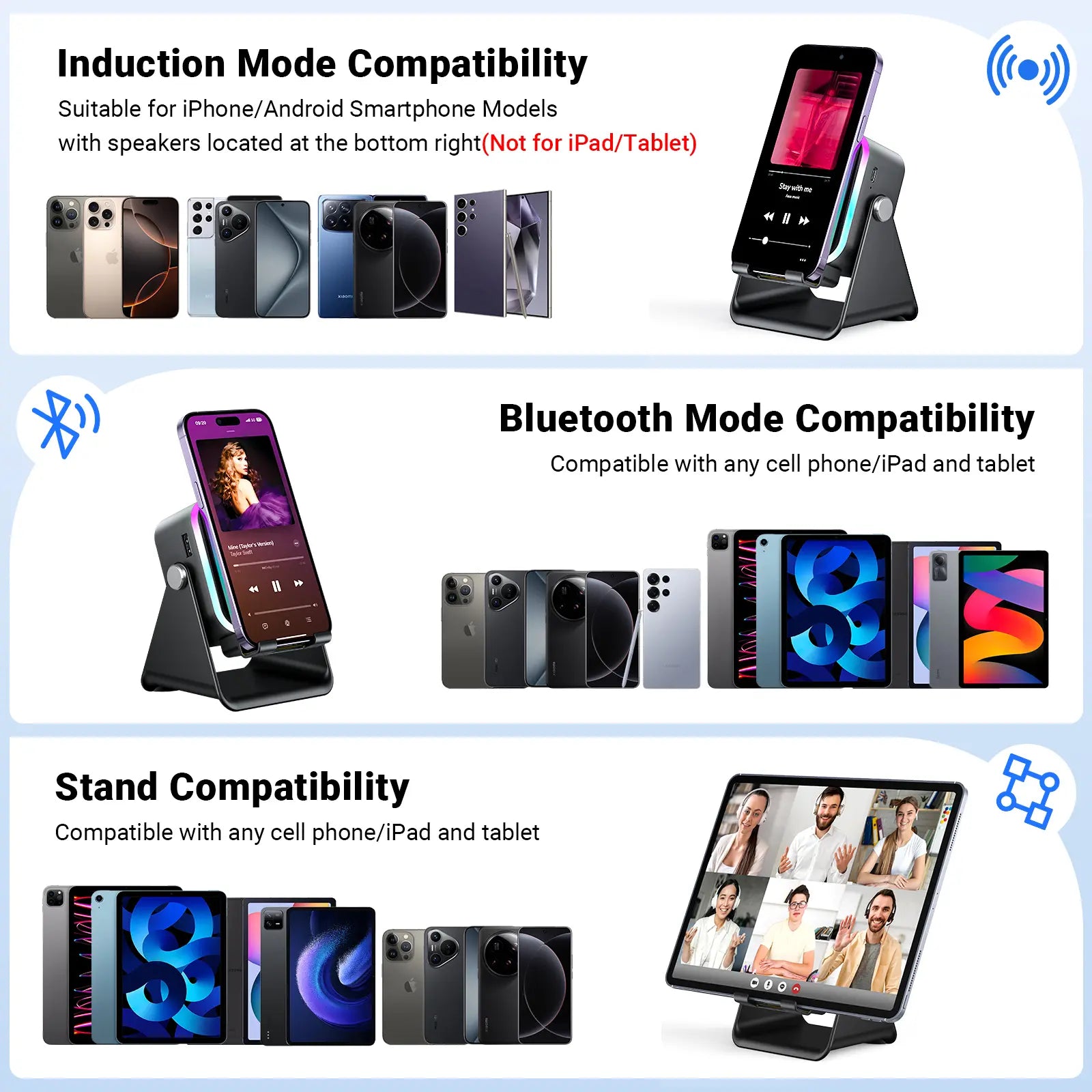Wireless Induction Audio Speaker Stand, 5In1 Cellphone Holder, 3500Mah Rechargeable Emergency Power Bank,360° Adjustable Mobile Tablet Stand with Colorful Ambient Light Gifts for Men Women Mothersdaygift