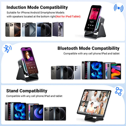 Wireless Induction Audio Speaker Stand, 5In1 Cellphone Holder, 3500Mah Rechargeable Emergency Power Bank,360° Adjustable Mobile Tablet Stand with Colorful Ambient Light Gifts for Men Women Mothersdaygift