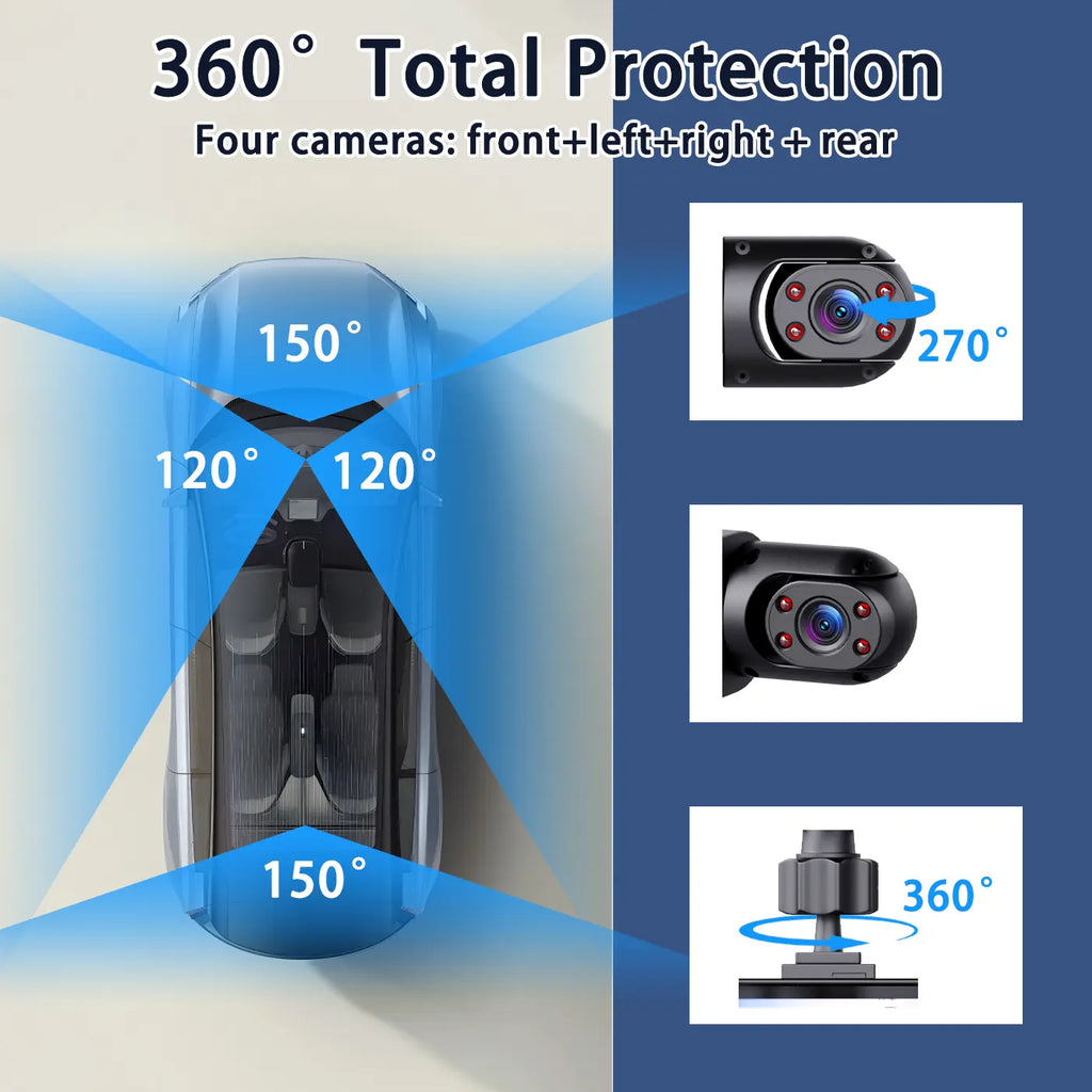 4 Channel Car Dash Cam,1080P Car DVR with 64GB Memory Card,Plug and Play (Need Charge）Car Video Surveillance with Night Vision，24/7Parking Mode Car DVR Hd Screen Front Rear Left and Right Dashcam