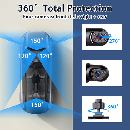 4 Channel Car Dash Cam,1080P Car DVR with 64GB Memory Card,Plug and Play (Need Charge）Car Video Surveillance with Night Vision，24/7Parking Mode Car DVR Hd Screen Front Rear Left and Right Dashcam
