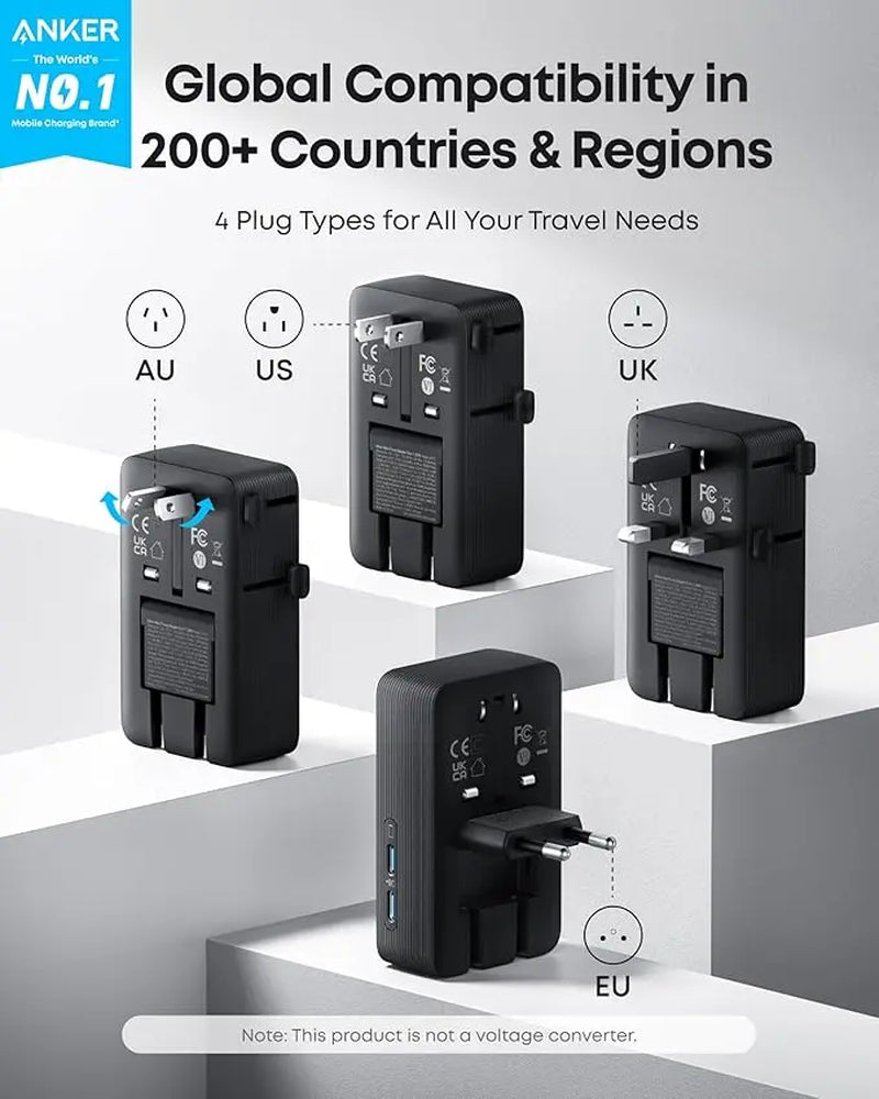 Anker Nano Adapter, 5-In-1 Ultra-Compact Global Charger with 2 USB-C, 2 USB-A, and 1 AC, Perfect for International Travel (1-Pack)
