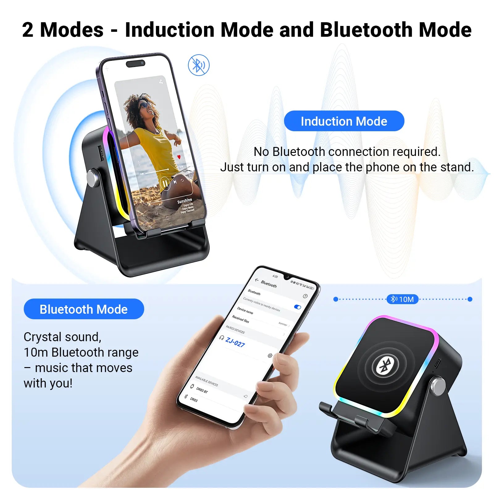 Wireless Induction Audio Speaker Stand, 5In1 Cellphone Holder, 3500Mah Rechargeable Emergency Power Bank,360° Adjustable Mobile Tablet Stand with Colorful Ambient Light Gifts for Men Women Mothersdaygift