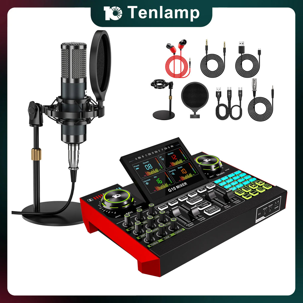 【Live Exclusive】 Tenlamp G10-P15 Mixing Sound Card Kit, Usb Audio Mixer Customizable Sound Effects, Two-Level Noise Reduction, Equipped with a Condenser Microphone, Suitable for Livestreaming, Gaming, Singing, Podcasting