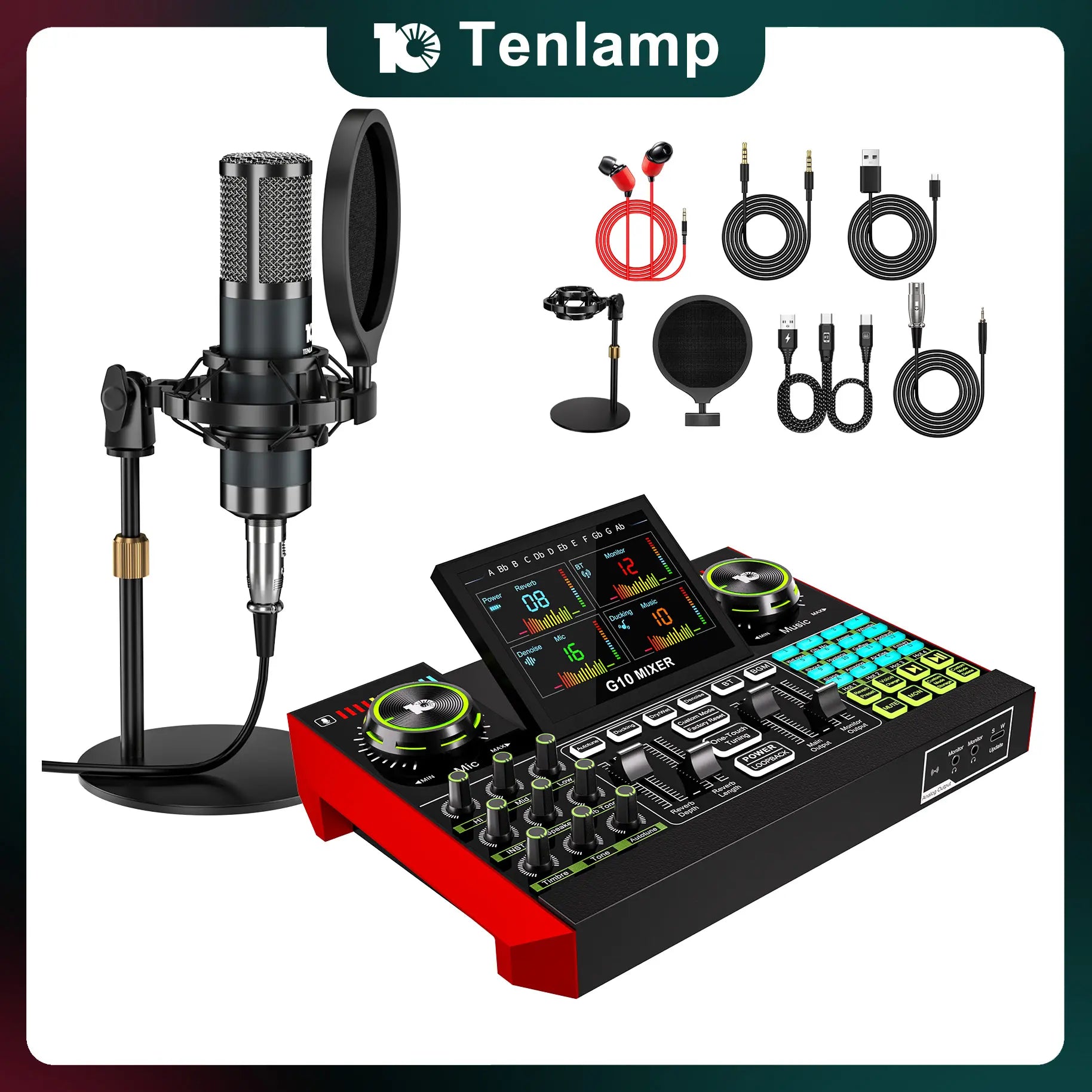 【Live Exclusive】 Tenlamp G10-P15 Mixing Sound Card Kit, Usb Audio Mixer Customizable Sound Effects, Two-Level Noise Reduction, Equipped with a Condenser Microphone, Suitable for Livestreaming, Gaming, Singing, Podcasting