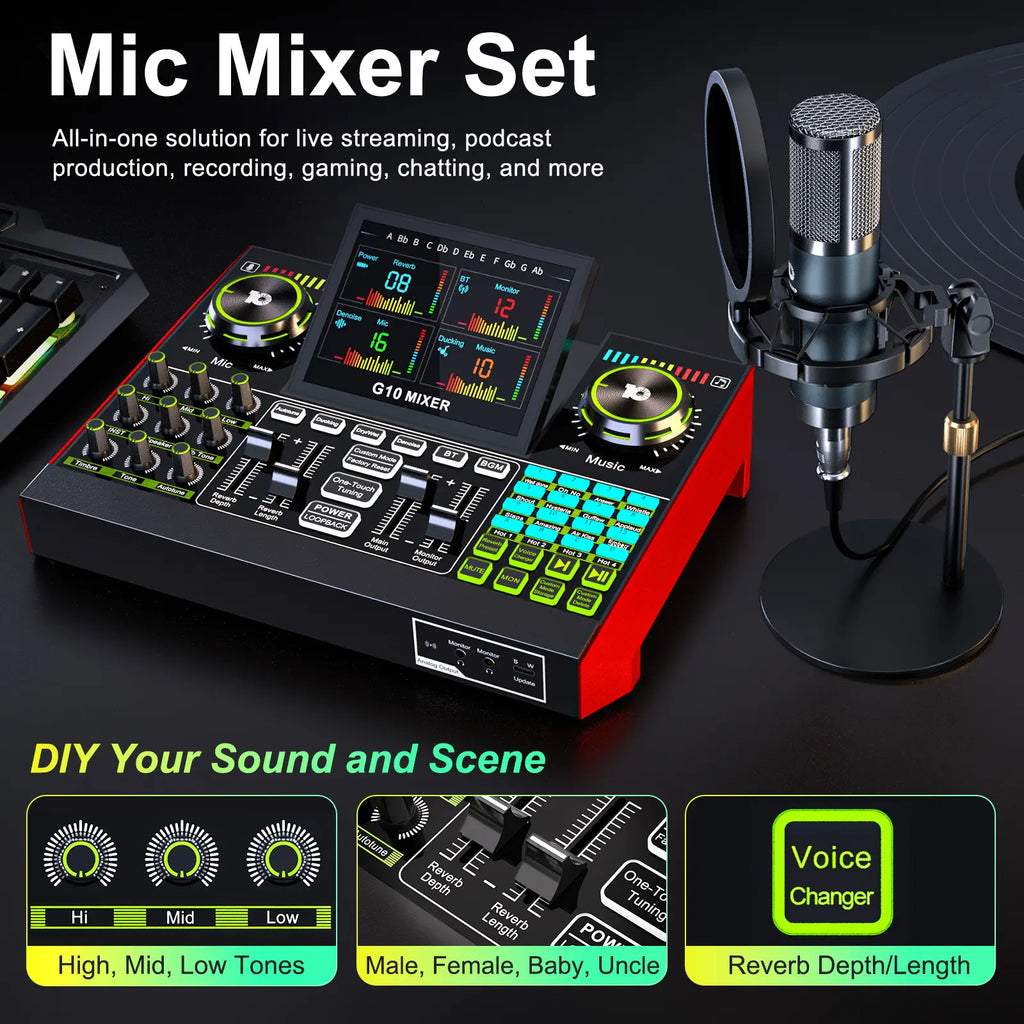 【Live Exclusive】 Tenlamp G10-P15 Mixing Sound Card Kit, Usb Audio Mixer Customizable Sound Effects, Two-Level Noise Reduction, Equipped with a Condenser Microphone, Suitable for Livestreaming, Gaming, Singing, Podcasting