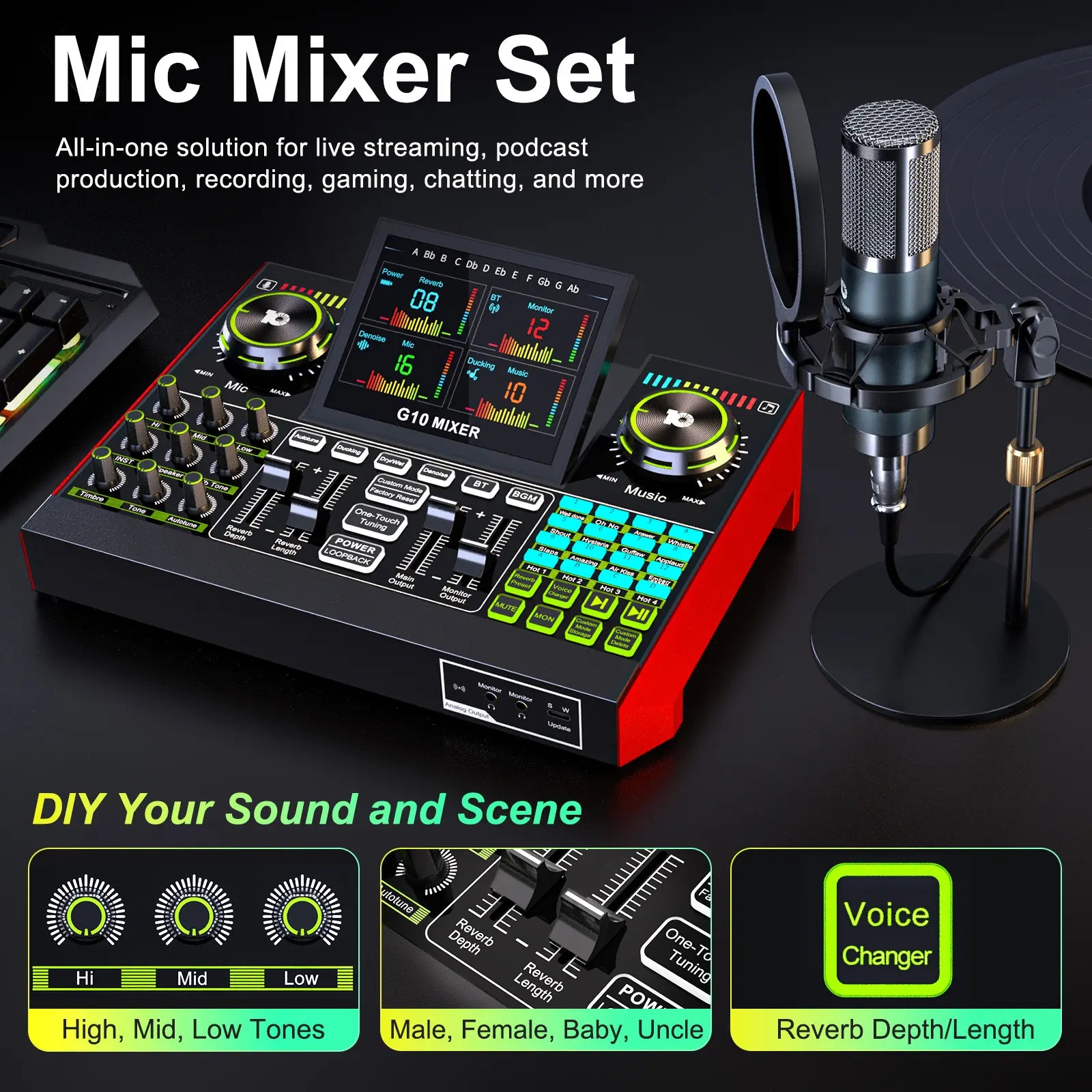【Live Exclusive】 Tenlamp G10-P15 Mixing Sound Card Kit, Usb Audio Mixer Customizable Sound Effects, Two-Level Noise Reduction, Equipped with a Condenser Microphone, Suitable for Livestreaming, Gaming, Singing, Podcasting