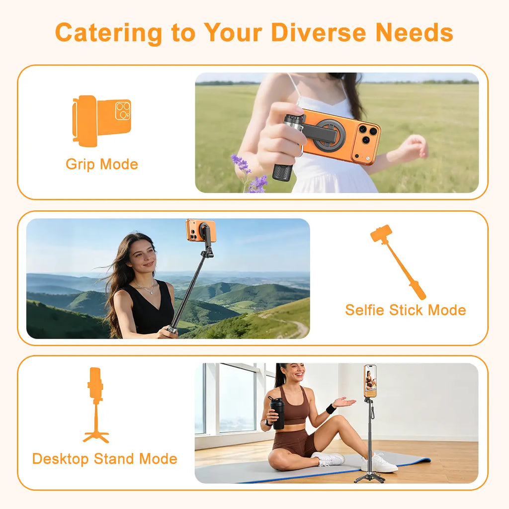 2026 Upgrated 4-In-1 Magnetic Selfie Stick with Remote for Cell Phone 360° Rotation.Can Transforms into Mini Tripod/Camera Grip/Handheld Stabilizer/Phone Stand.Extend to 25 Inches
