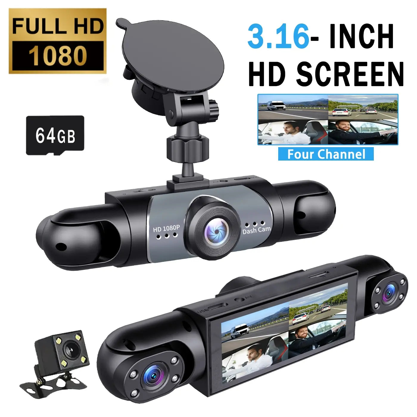 4 Channel Car Dash Cam,1080P Car DVR with 64GB Memory Card,Plug and Play (Need Charge）Car Video Surveillance with Night Vision，24/7Parking Mode Car DVR Hd Screen Front Rear Left and Right Dashcam