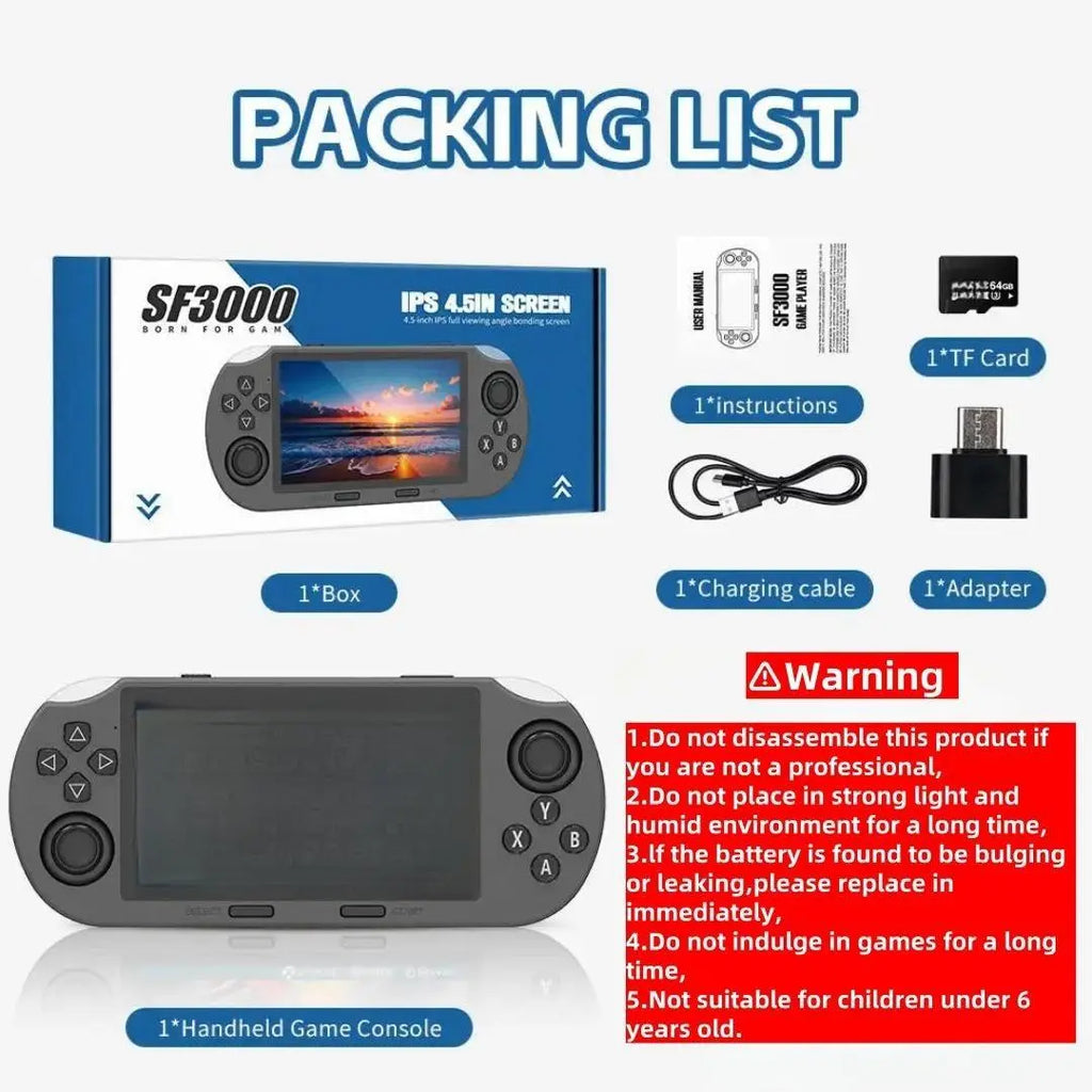 SF3000 Retro Handheld Game Console with 4.5 Inch IPS Screen 3000Mah Battery & 16GB TF Card for Boys Gift Gaming & Accessories Game Cables Cool Gadgets Boys Box Compact Game Console Retro Game Consoles Gamer Gifts for Him Portable Retro Game Console