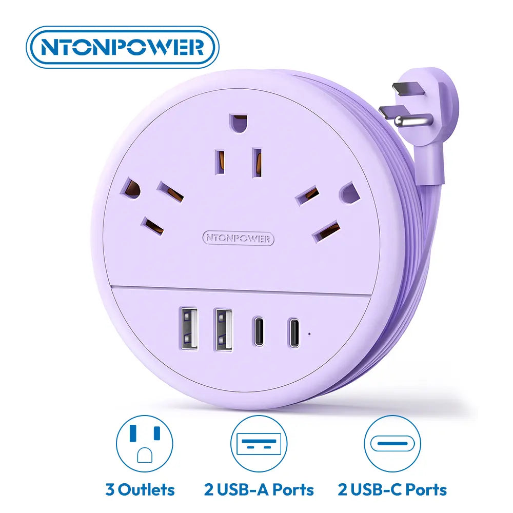 NTONPOWER Travel Power Strip Cruise Approved, 7-In-1 with 3 AC Outlets & 4 USB (2 USB-C), Flat Plug 4FT Wrapped around Extension Cord, Travel Essentials for Cruise, Hotel & Dorm, Purple round Strip, Smart USB Charging