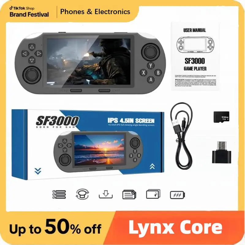 SF3000 Retro Handheld Game Console with 4.5 Inch IPS Screen 3000Mah Battery & 16GB TF Card for Boys Gift Gaming & Accessories Game Cables Cool Gadgets Boys Box Compact Game Console Retro Game Consoles Gamer Gifts for Him Portable Retro Game Console