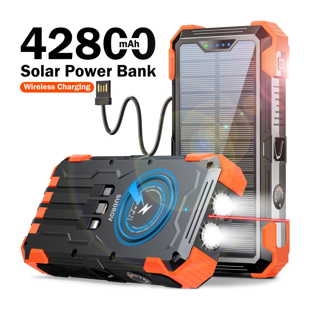 Sudrov 42800 Mah Solar Charger Power Bank Wireless Charger Built in 4 Cables 7 Outputs 15 Watts Fast Charging Power Bank for All Mobile Devices 3 Inputs Solar Portable Charger with Dual Flashlights, Carabiner and Thermometer