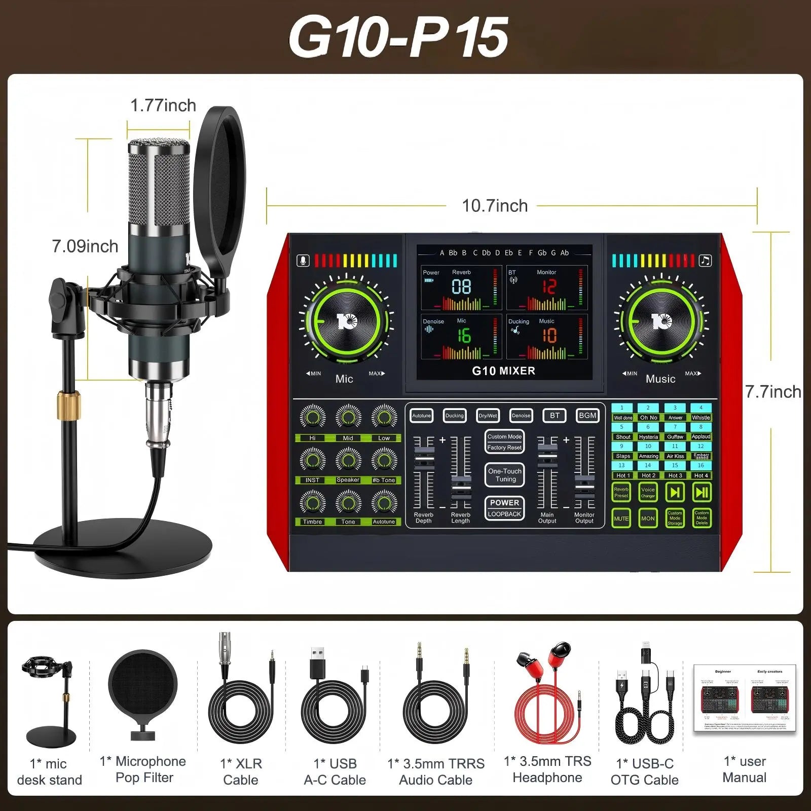 【Live Exclusive】 Tenlamp G10-P15 Mixing Sound Card Kit, Usb Audio Mixer Customizable Sound Effects, Two-Level Noise Reduction, Equipped with a Condenser Microphone, Suitable for Livestreaming, Gaming, Singing, Podcasting