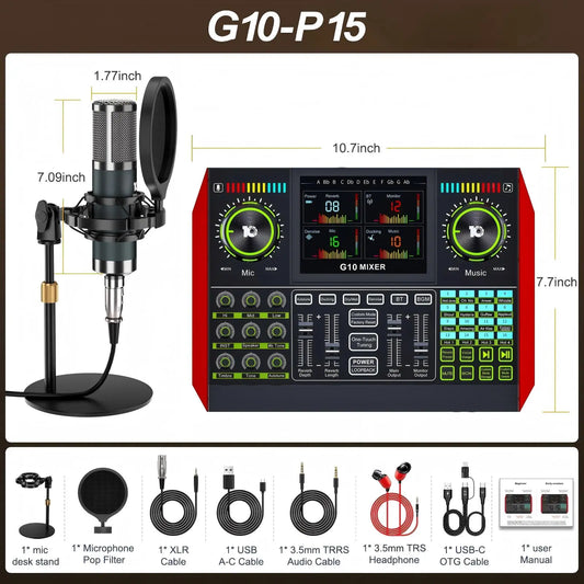 【Live Exclusive】 Tenlamp G10-P15 Mixing Sound Card Kit, Usb Audio Mixer Customizable Sound Effects, Two-Level Noise Reduction, Equipped with a Condenser Microphone, Suitable for Livestreaming, Gaming, Singing, Podcasting
