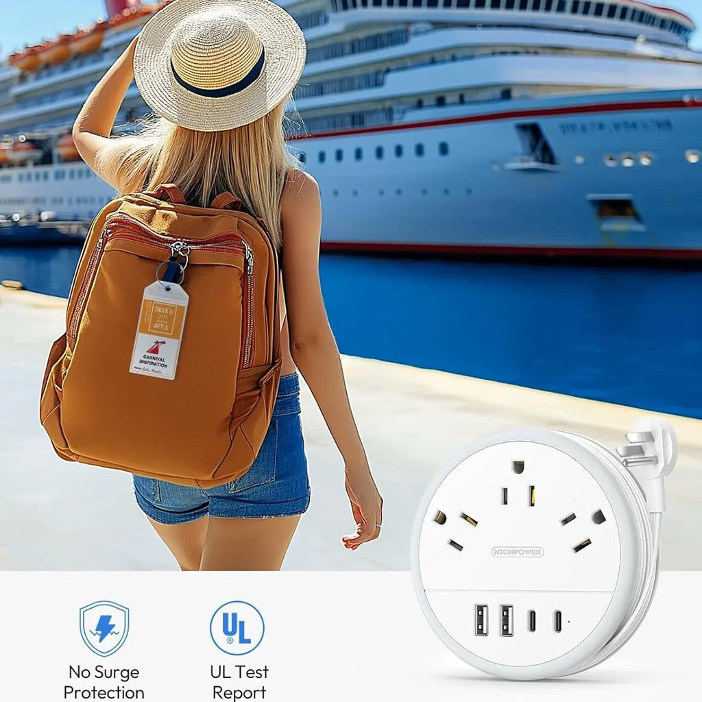 NTONPOWER Travel Power Strip Cruise Approved, 7-In-1 with 3 AC Outlets & 4 USB (2 USB-C), Flat Plug 4FT Wrapped around Extension Cord, Travel Essentials for Cruise, Hotel & Dorm, Purple round Strip, Smart USB Charging
