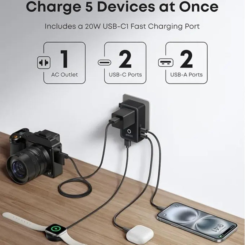 Anker Nano Adapter, 5-In-1 Ultra-Compact Global Charger with 2 USB-C, 2 USB-A, and 1 AC, Perfect for International Travel (1-Pack)