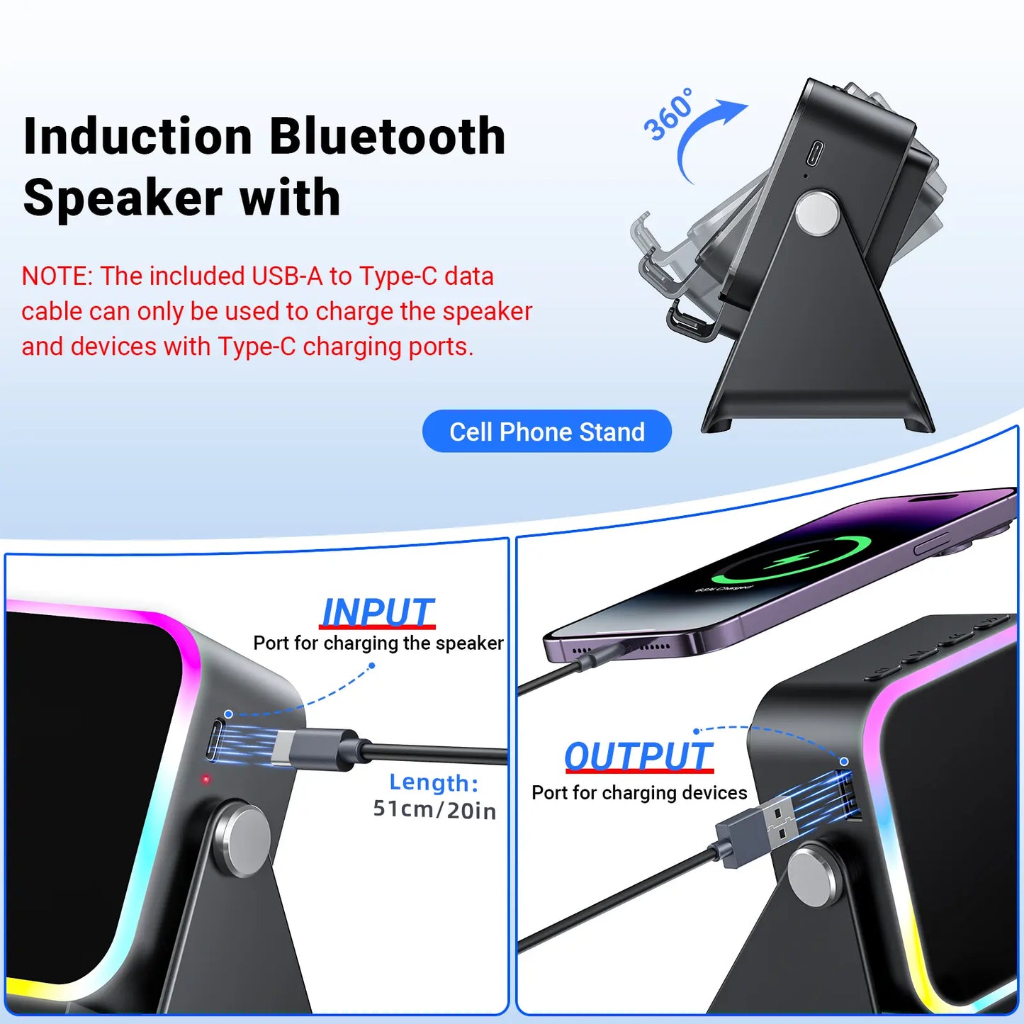 Wireless Induction Audio Speaker Stand, 5In1 Cellphone Holder, 3500Mah Rechargeable Emergency Power Bank,360° Adjustable Mobile Tablet Stand with Colorful Ambient Light Gifts for Men Women Mothersdaygift