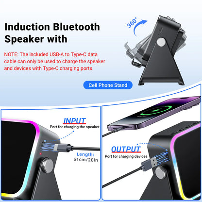 Wireless Induction Audio Speaker Stand, 5In1 Cellphone Holder, 3500Mah Rechargeable Emergency Power Bank,360° Adjustable Mobile Tablet Stand with Colorful Ambient Light Gifts for Men Women Mothersdaygift