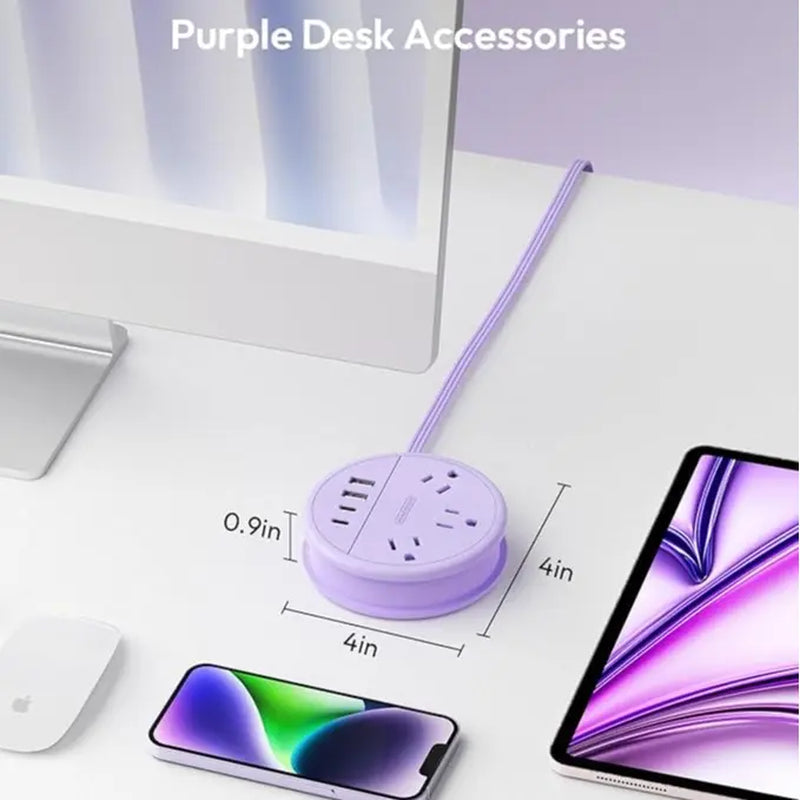 NTONPOWER Travel Power Strip Cruise Approved, 7-In-1 with 3 AC Outlets & 4 USB (2 USB-C), Flat Plug 4FT Wrapped around Extension Cord, Travel Essentials for Cruise, Hotel & Dorm, Purple round Strip, Smart USB Charging