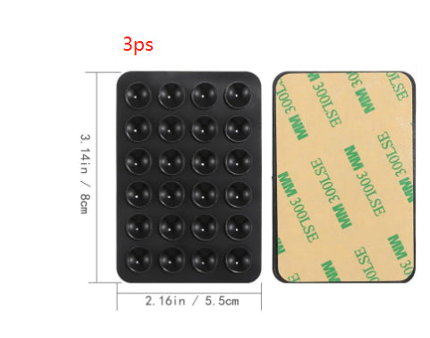 Three black rectangular silicone suction grip pads, each 8 × 5.5 cm, shown from the suction side and adhesive back.
