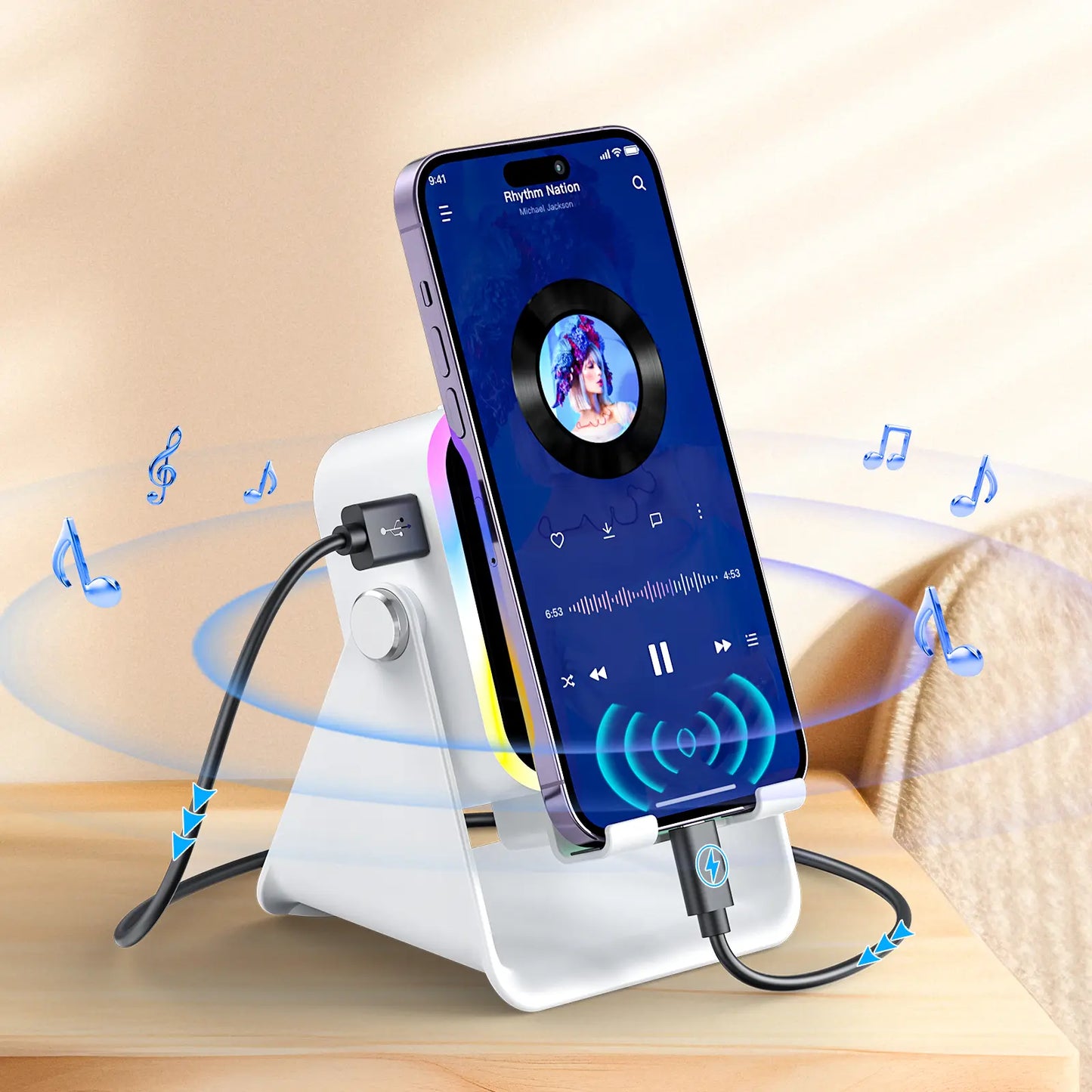 Wireless Induction Audio Speaker Stand, 5In1 Cellphone Holder, 3500Mah Rechargeable Emergency Power Bank,360° Adjustable Mobile Tablet Stand with Colorful Ambient Light Gifts for Men Women Mothersdaygift