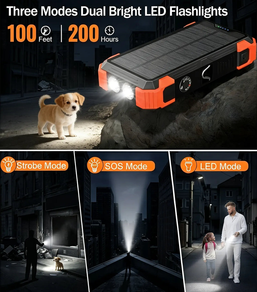Sudrov 42800 Mah Solar Charger Power Bank Wireless Charger Built in 4 Cables 7 Outputs 15 Watts Fast Charging Power Bank for All Mobile Devices 3 Inputs Solar Portable Charger with Dual Flashlights, Carabiner and Thermometer